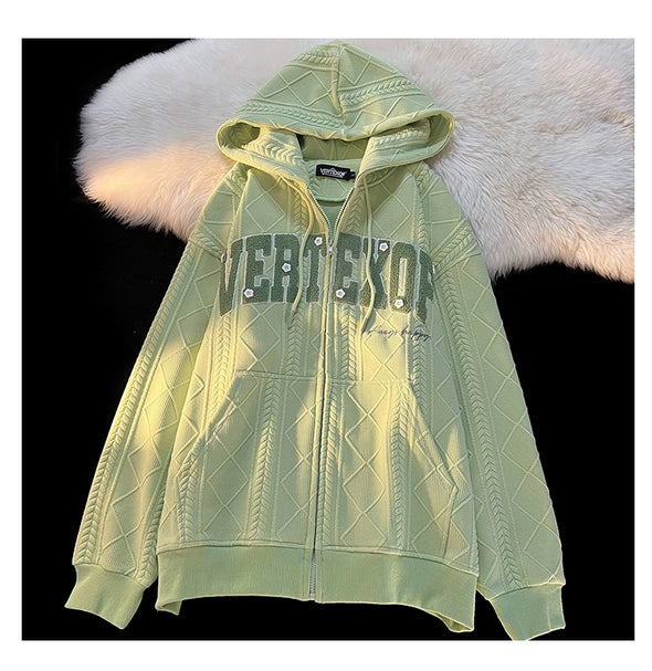 Vintage Green Milk Hooded Loose Sweater Jacket