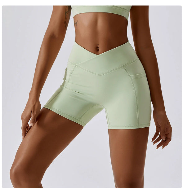 Cross-Waist Pocket Yoga Shorts for Hip-Lifting