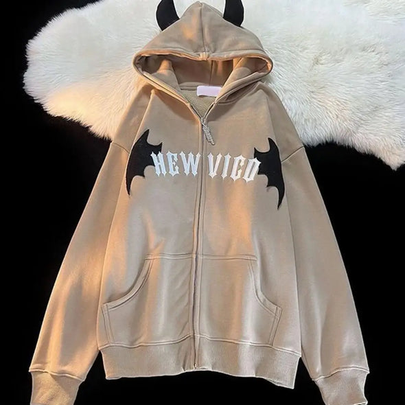 Horn-Decor Zippered Plush Hoodie Cardigan